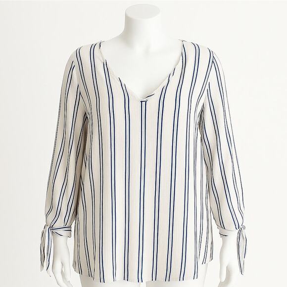 Michael Kors Women’s Striped Blouse Size 2X – Blue & White V-Neck Tie-Sleeve Top - Picture 1 of 6